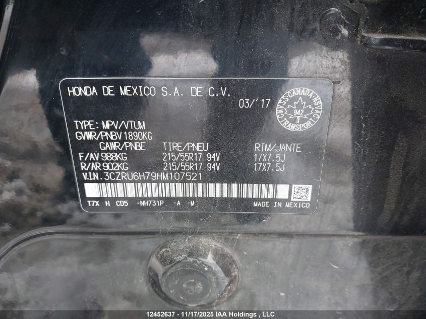 2017 Honda Hr-V Exl VIN: 3CZRU6H79HM107521 Lot: 12452637