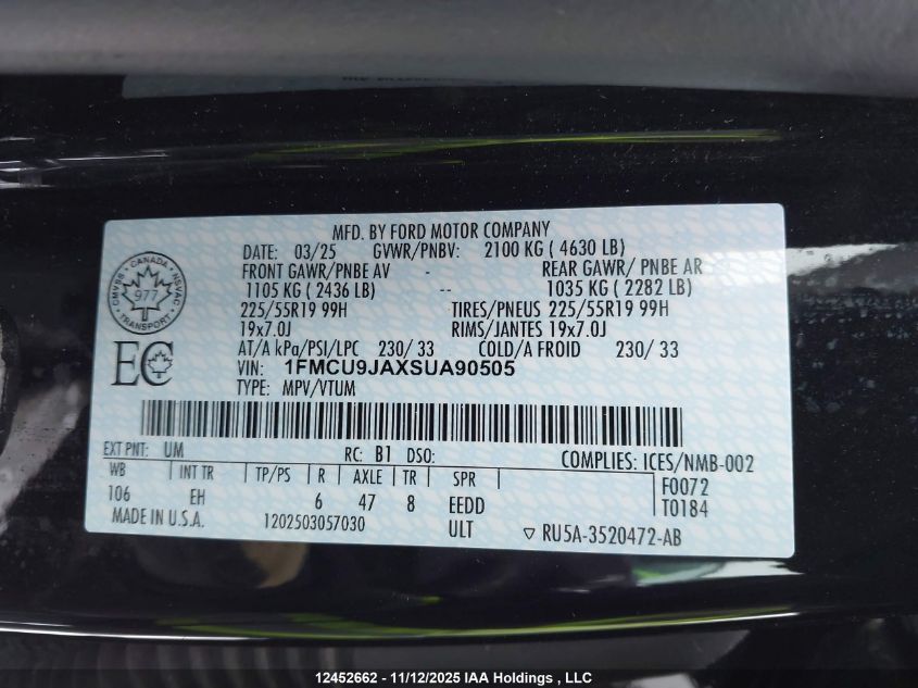 2025 Ford Escape Platinum VIN: 1FMCU9JAXSUA90505 Lot: 12452662