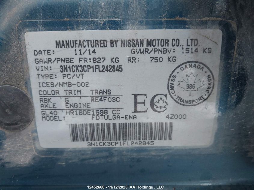 2015 Nissan Micra VIN: 3N1CK3CP1FL242845 Lot: 12452666