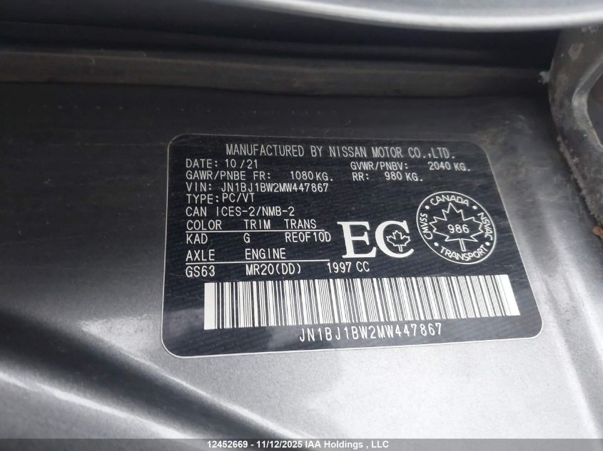 2021 Nissan Qashqai S/Sl/Sv VIN: JN1BJ1BW2MW447867 Lot: 12452669