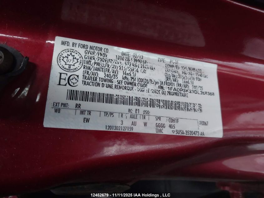 2013 Ford Focus Se VIN: 1FADP3K23DL268368 Lot: 12452679