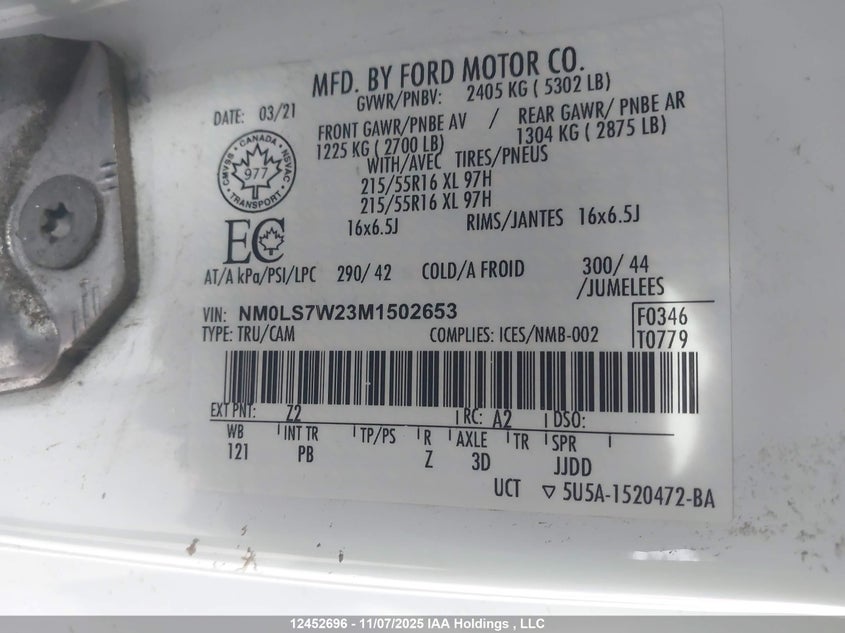 2021 Ford Transit Connect Xlt VIN: NM0LS7W23M1502653 Lot: 12452696