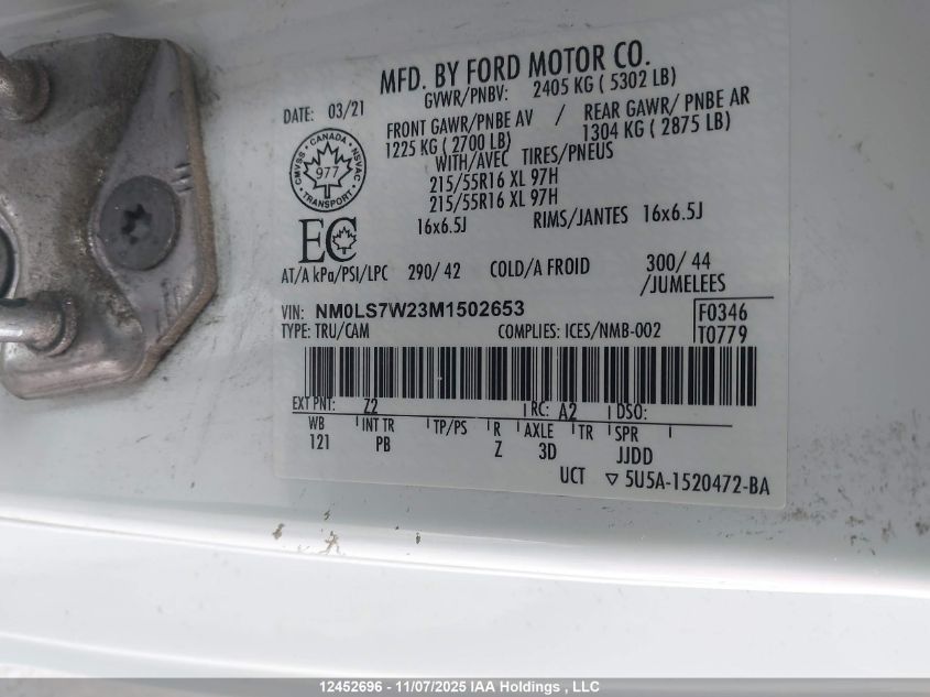 2021 Ford Transit Connect Xlt VIN: NM0LS7W23M1502653 Lot: 12452696