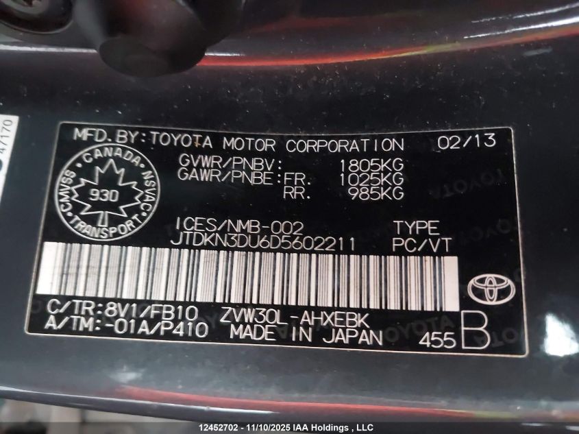 2013 Toyota Prius VIN: JTDKN3DU6D5602211 Lot: 12452702