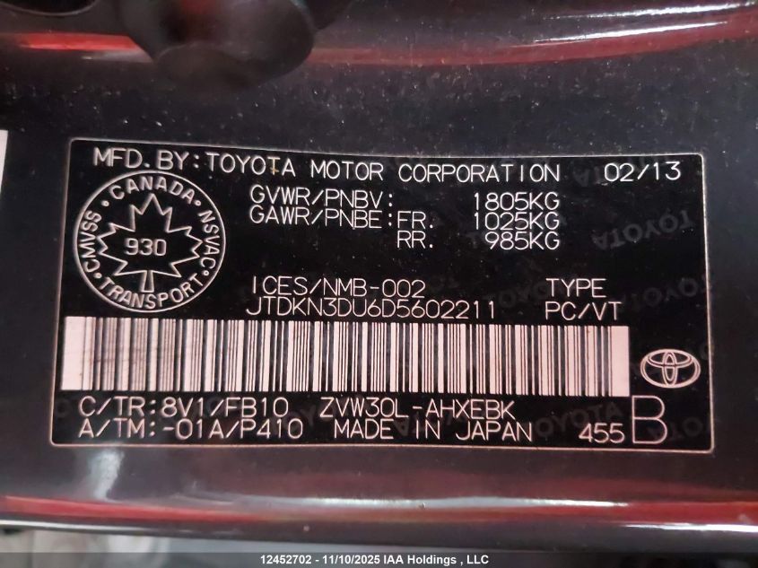 2013 Toyota Prius VIN: JTDKN3DU6D5602211 Lot: 12452702