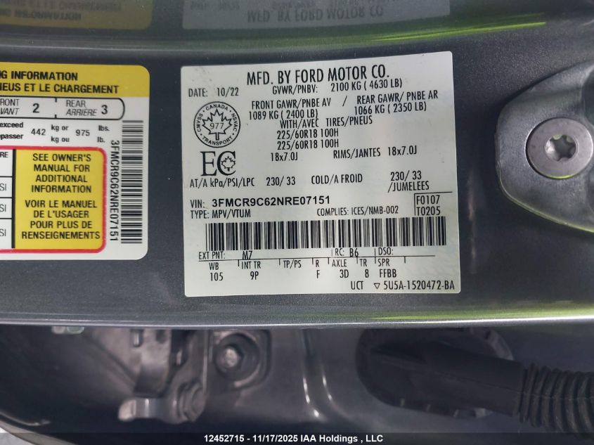 2022 Ford Bronco Sport Outer Banks VIN: 3FMCR9C62NRE07151 Lot: 12452715