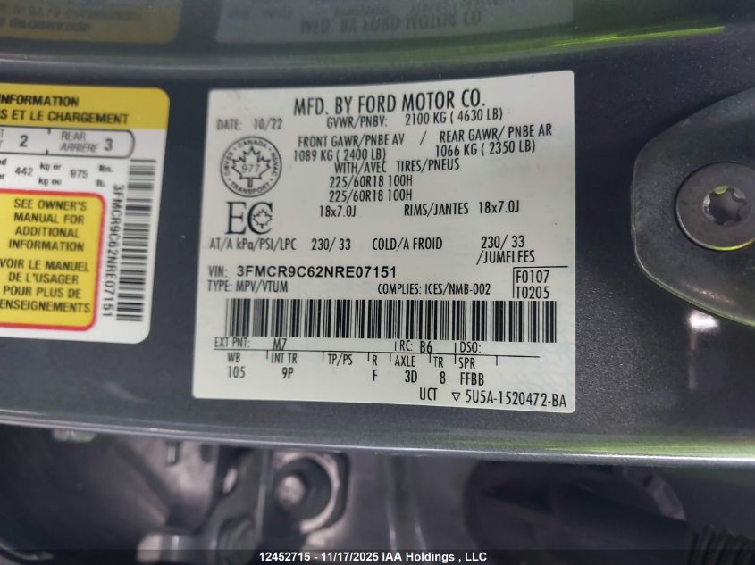 2022 Ford Bronco Sport Outer Banks VIN: 3FMCR9C62NRE07151 Lot: 12452715