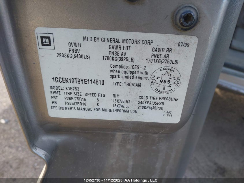1GCEK19T9YE114810 2000 CHEVROLET SILVERADO photo no. 9