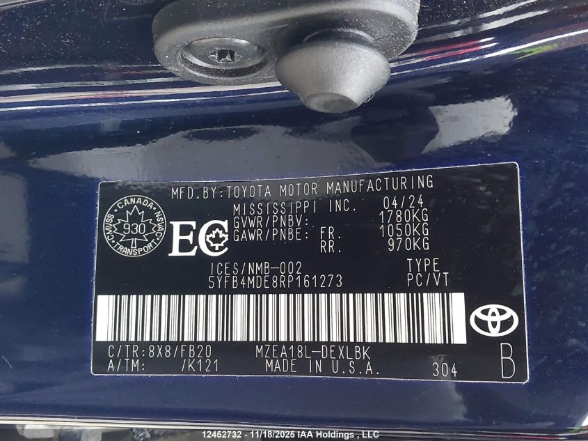 2024 Toyota Corolla Le VIN: 5YFB4MDE8RP161273 Lot: 12452732