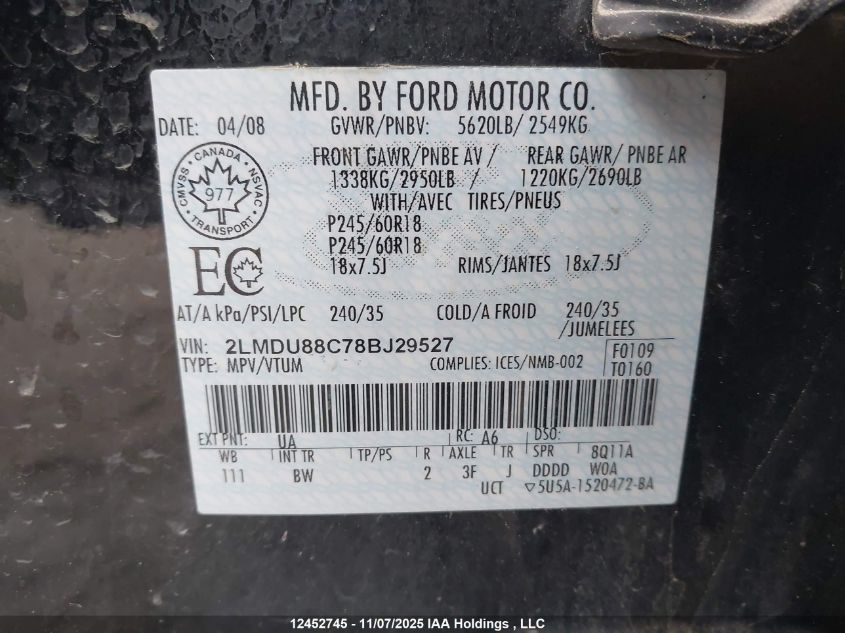 2008 Lincoln Mkx VIN: 2LMDU88C78BJ29527 Lot: 12452745