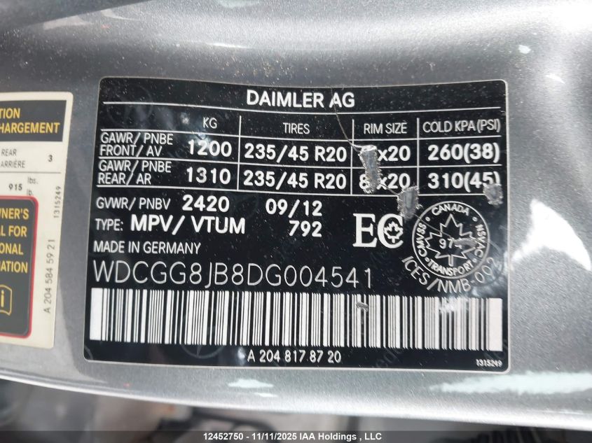 2013 Mercedes-Benz Glk 350 4Matic VIN: WDCGG8JB8DG004541 Lot: 12452750