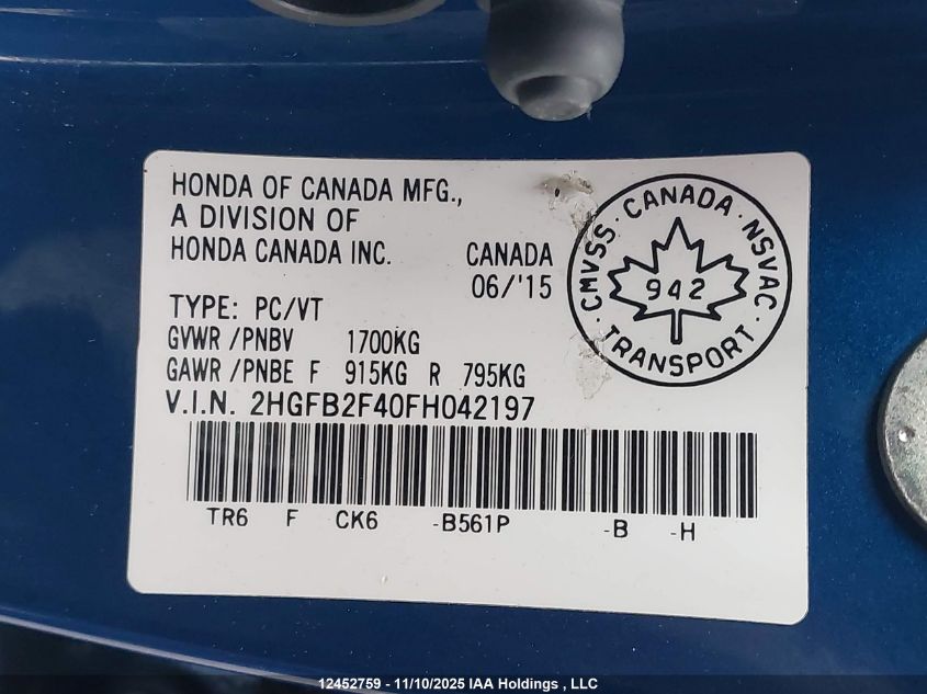2015 Honda Civic Lx VIN: 2HGFB2F40FH042197 Lot: 12452759