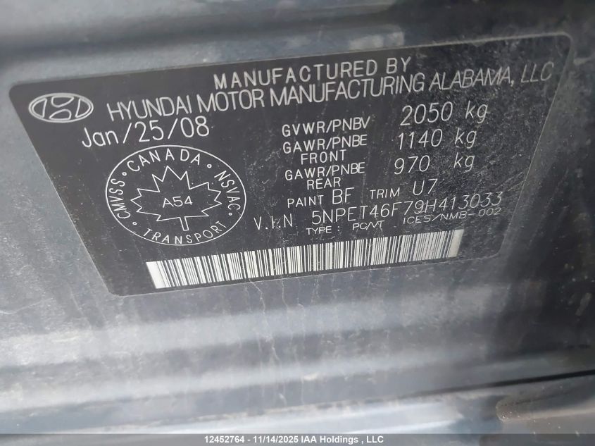 2009 Hyundai Sonata Gls VIN: 5NPET46F79H413033 Lot: 12452764