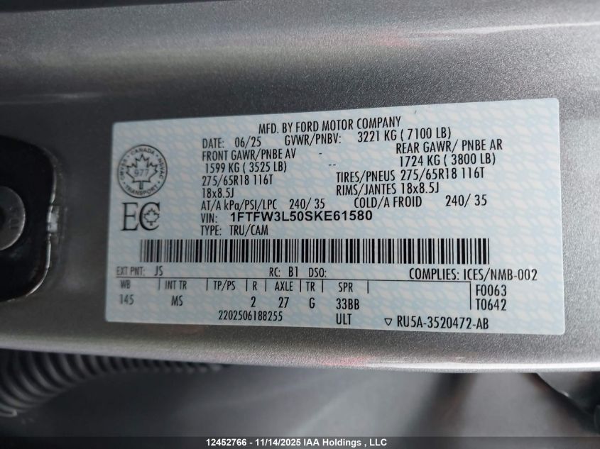 2025 Ford F150 Xlt VIN: 1FTFW3L50SKE61580 Lot: 12452766