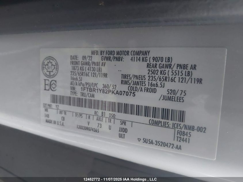 2023 Ford Transit T-250 VIN: 1FTBR1Y82PKA07075 Lot: 12452772