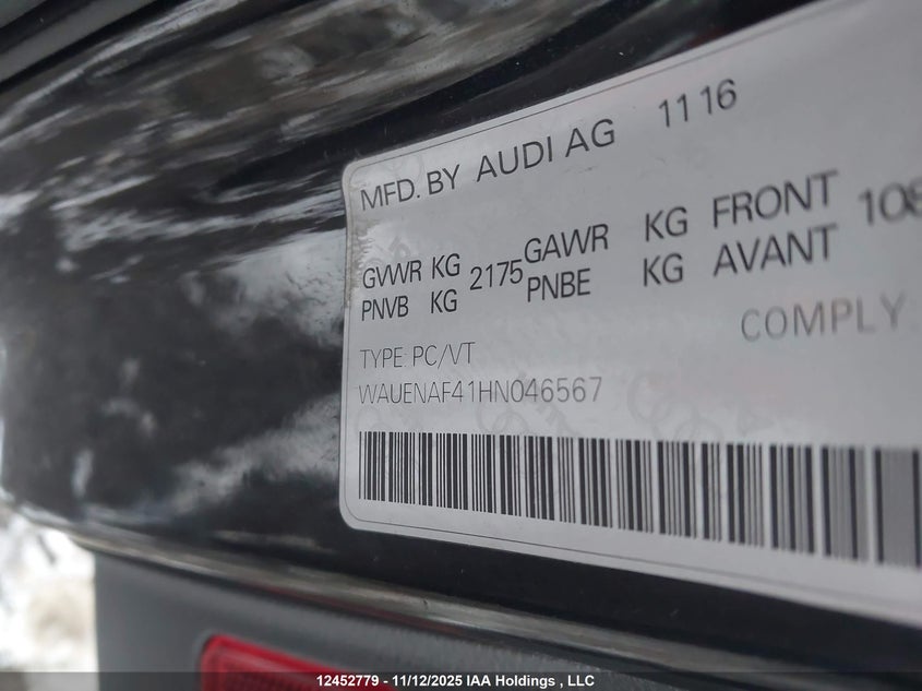 2017 Audi A4 2.0T Progressiv VIN: WAUENAF41HN046567 Lot: 12452779