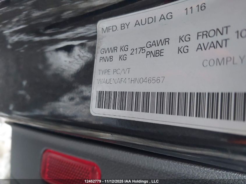 2017 Audi A4 2.0T Progressiv VIN: WAUENAF41HN046567 Lot: 12452779