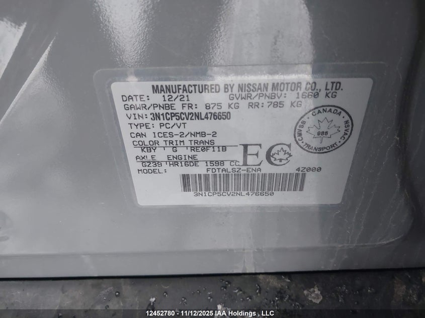 2022 Nissan Kicks Sv VIN: 3N1CP5CV2NL476650 Lot: 12452780