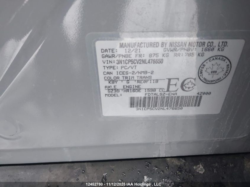 2022 Nissan Kicks Sv VIN: 3N1CP5CV2NL476650 Lot: 12452780