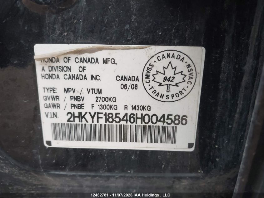 2006 Honda Pilot Ex VIN: 2HKYF18546H004586 Lot: 12452781