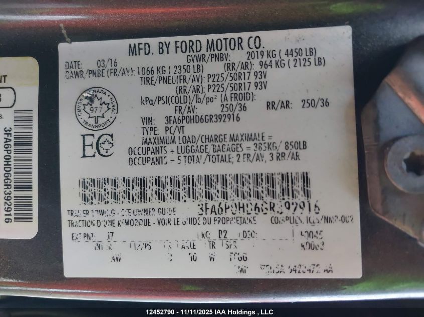 2016 Ford Fusion VIN: 3FA6P0HD6GR392916 Lot: 12452790