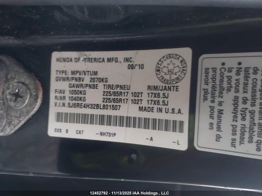 5J6RE4H32BL801507 2011 HONDA CR-V photo no. 9