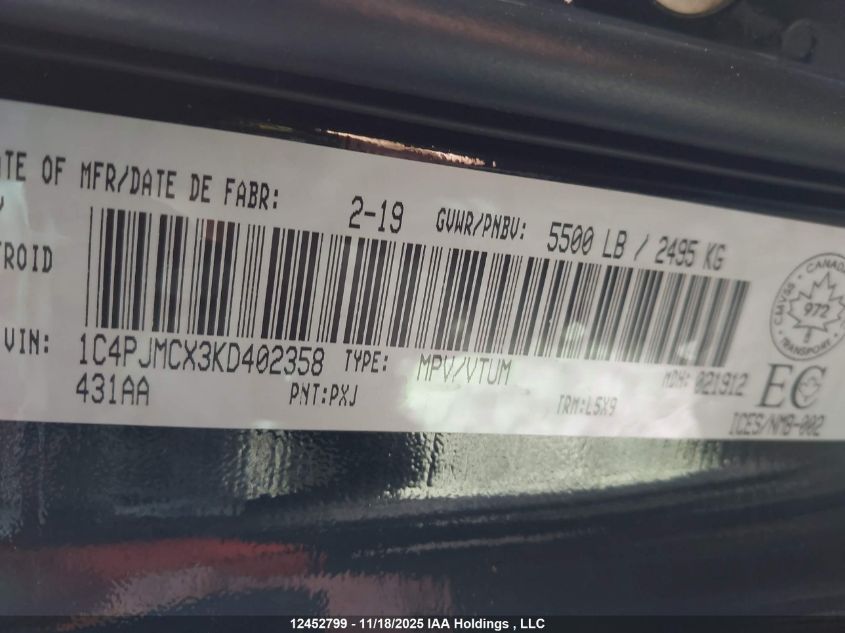 2019 Jeep Cherokee North VIN: 1C4PJMCX3KD402358 Lot: 12452799