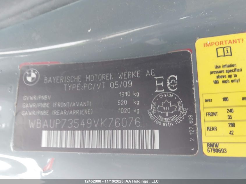 2009 BMW 128I VIN: WBAUP73549VK76076 Lot: 12452800