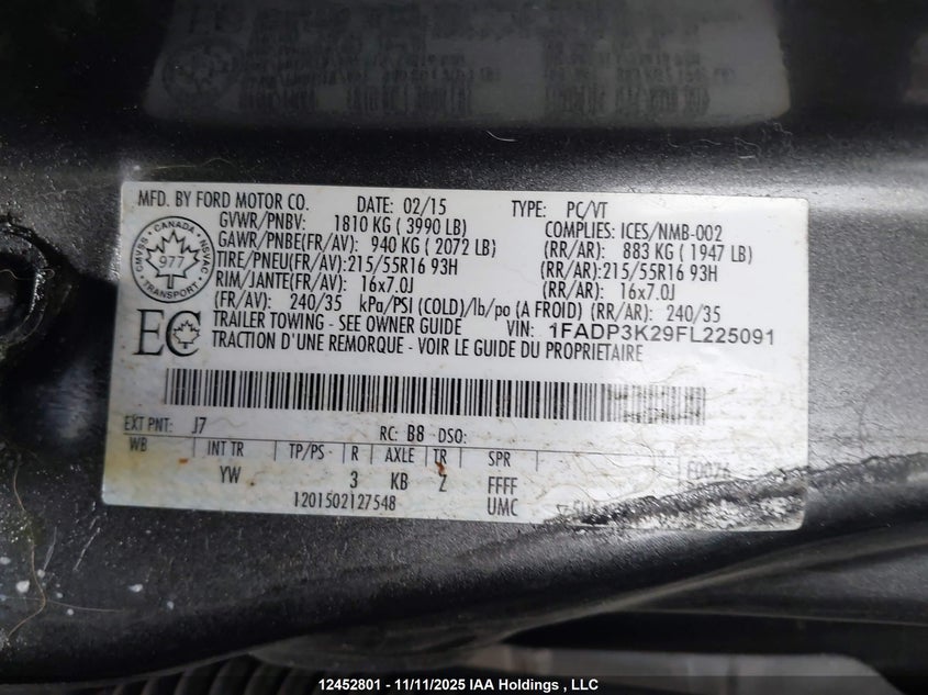 1FADP3K29FL225091 2015 FORD FOCUS photo no. 9