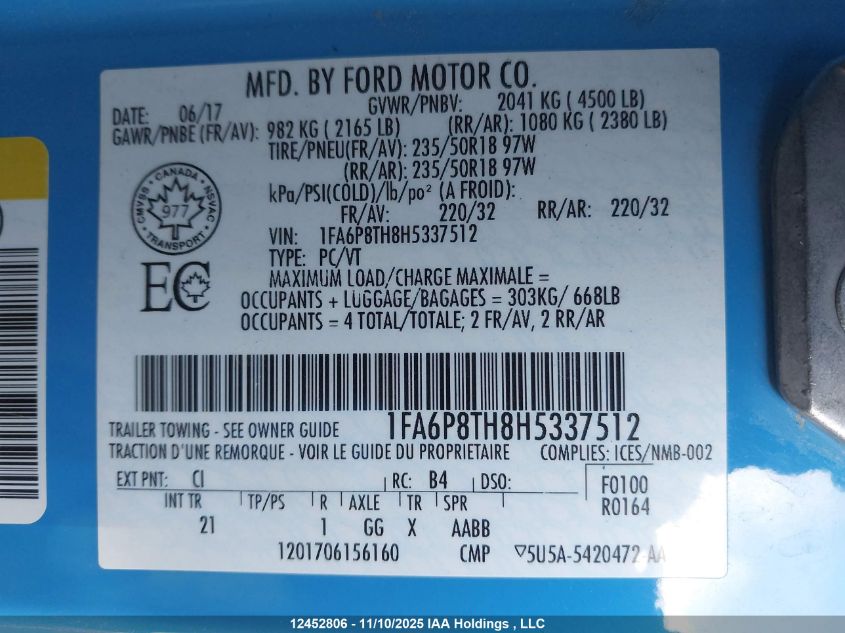 2017 Ford Mustang VIN: 1FA6P8TH8H5337512 Lot: 12452806