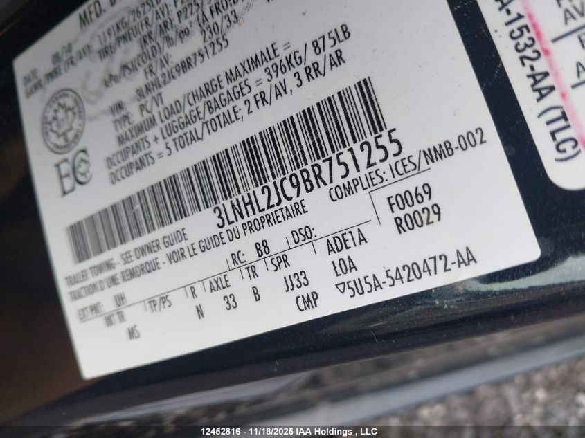 2011 Lincoln Mkz VIN: 3LNHL2JC9BR751255 Lot: 12452816