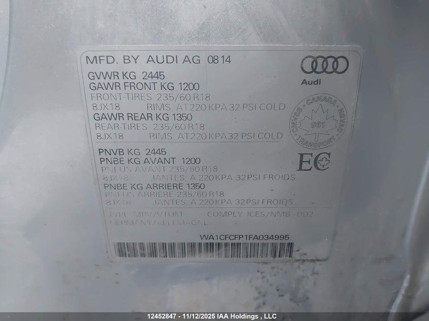 2015 Audi Q5 2.0T Komfort VIN: WA1CFCFP1FA034995 Lot: 12452847