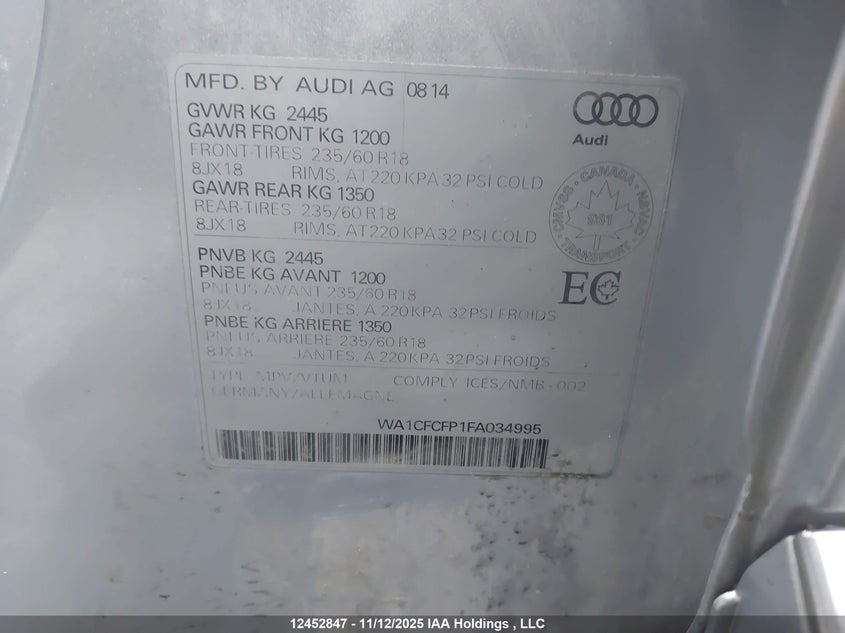 2015 Audi Q5 2.0T Komfort VIN: WA1CFCFP1FA034995 Lot: 12452847