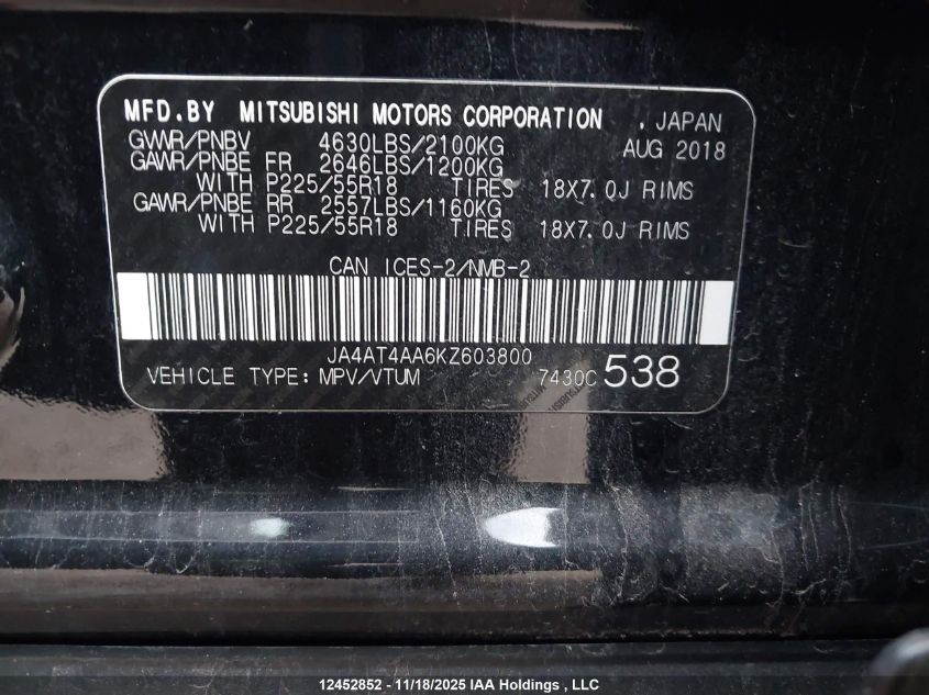 2019 Mitsubishi Eclipse VIN: JA4AT4AA6KZ603800 Lot: 12452852