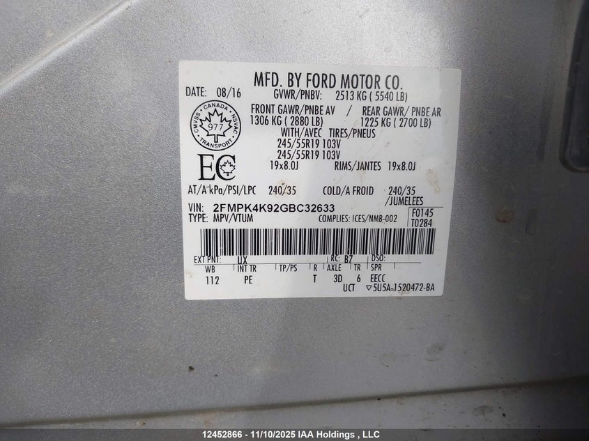 2FMPK4K92GBC32633 2016 FORD EDGE photo no. 9