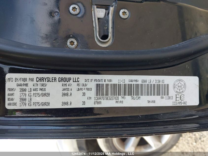 2014 Ram 1500 Slt VIN: 1C6RR7GT8ES227039 Lot: 12452874