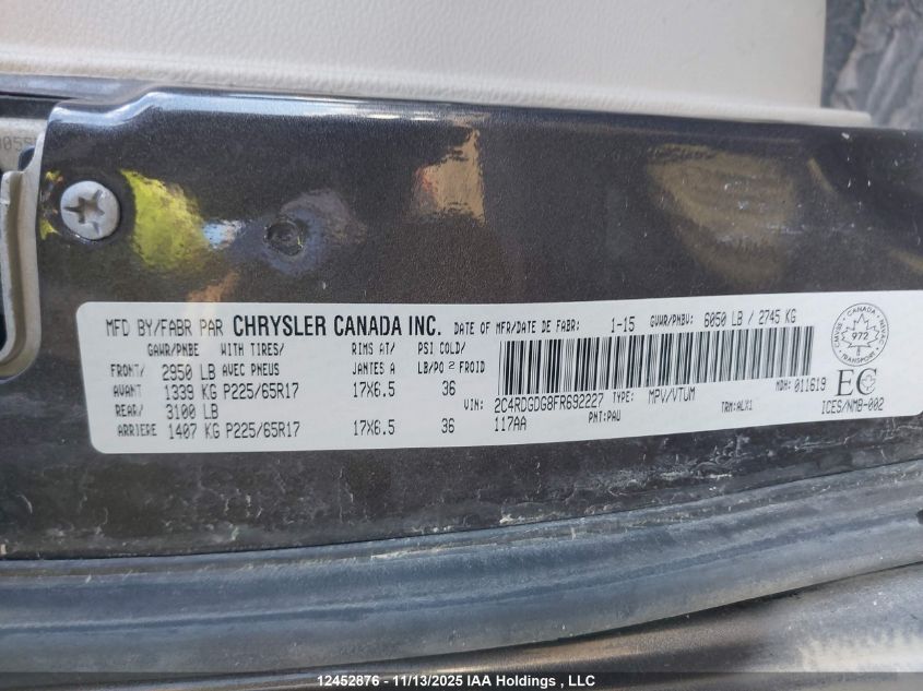 2015 Dodge Grand Caravan Crew VIN: 2C4RDGDG8FR692227 Lot: 12452876