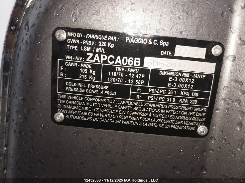 2022 Vespa Primavera/Sprint 50 VIN: ZAPCA06B6N5201784 Lot: 12452888