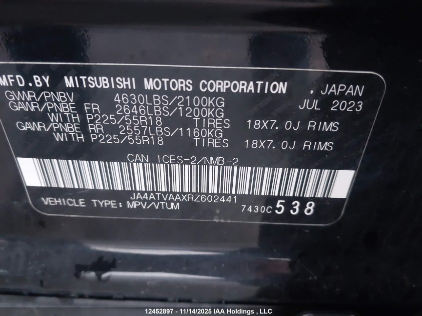 2024 Mitsubishi Eclipse Cross Gt/Noir/Se/Sel VIN: JA4ATVAAXRZ602441 Lot: 12452897