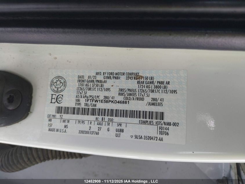 2023 Ford F150 Supercrew VIN: 1FTFW1E58PKD46881 Lot: 12452908