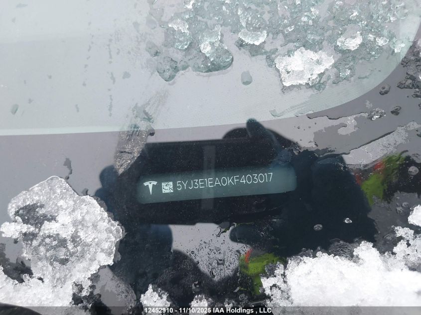 2019 Tesla Model 3 VIN: 5YJ3E1EA0KF403017 Lot: 12452910