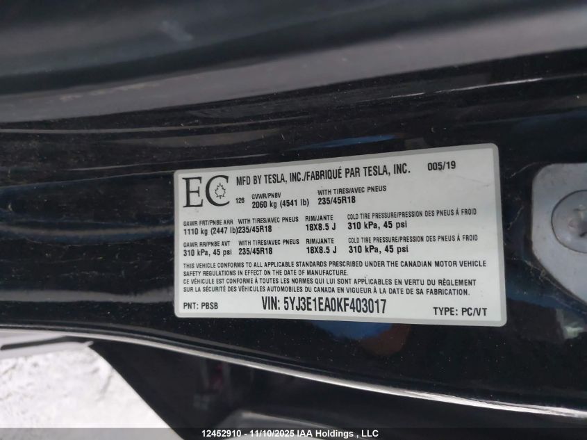 2019 Tesla Model 3 VIN: 5YJ3E1EA0KF403017 Lot: 12452910