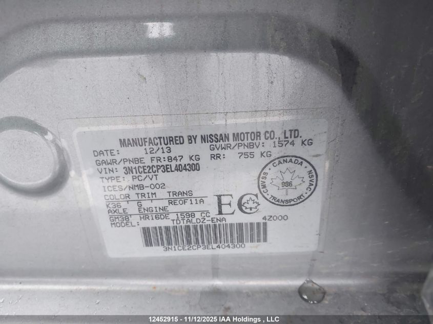 2014 Nissan Versa Note S/S Plus/Sv/Sl VIN: 3N1CE2CP3EL404300 Lot: 12452915