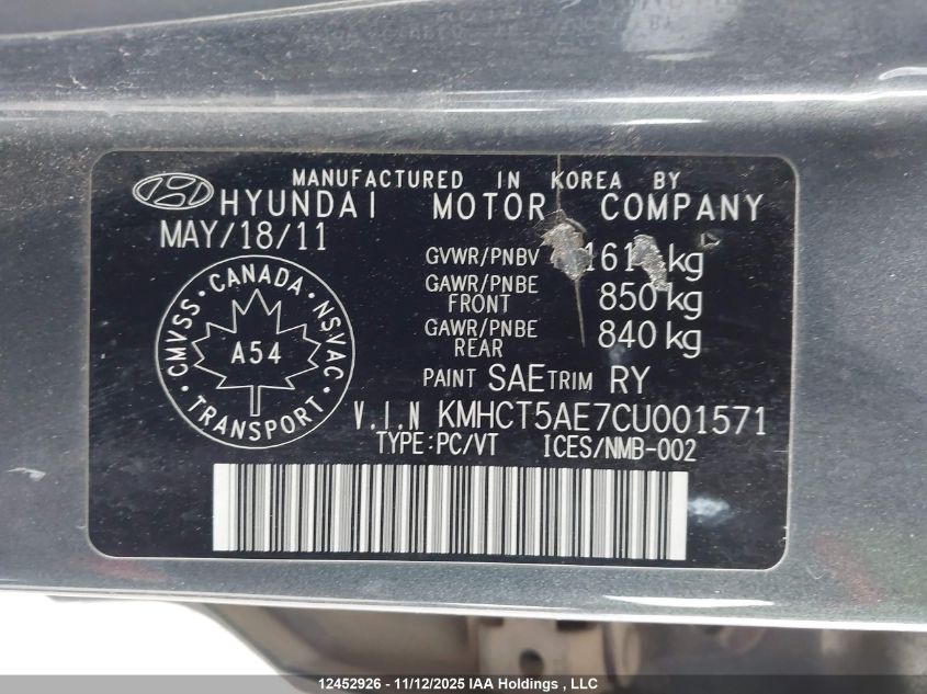 2012 Hyundai Accent Gl/Gls/L VIN: KMHCT5AE7CU001571 Lot: 12452926