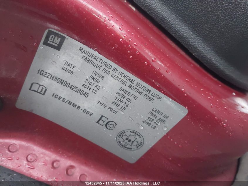 2008 Pontiac G6 VIN: 1G2ZH36N984258045 Lot: 12452945