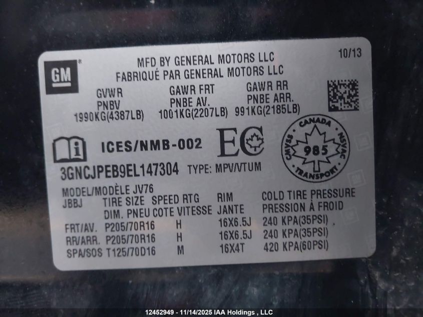 2014 Chevrolet Trax VIN: 3GNCJPEB9EL147304 Lot: 12452949