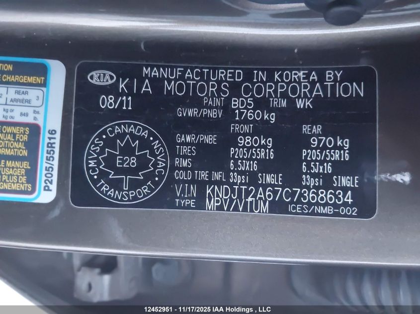 2012 Kia Soul 2.0L 2U/2.0L 4U/2.0L 4U Burner/2.0L 4U Luxury/2.0L 4U Retro VIN: KNDJT2A67C7368634 Lot: 12452951