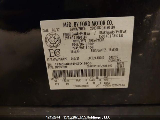 2017 Ford Explorer Xlt VIN: 1FM5K8D81HGD18903 Lot: 12452974