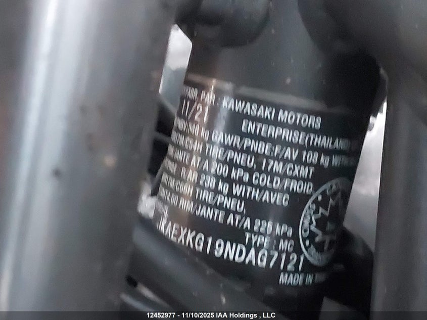 2022 Kawasaki Ex400 VIN: JKAEXKG19NDAG7121 Lot: 12452977