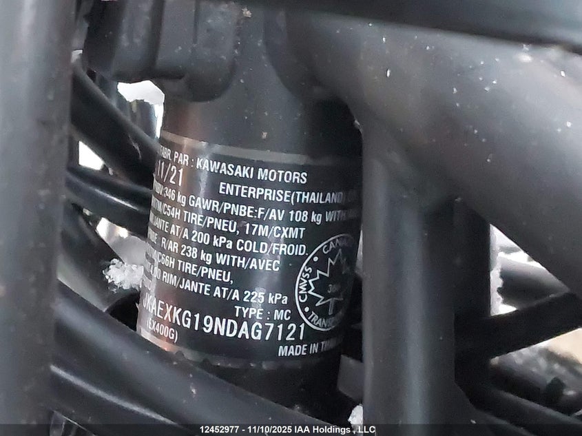 2022 Kawasaki Ex400 VIN: JKAEXKG19NDAG7121 Lot: 12452977